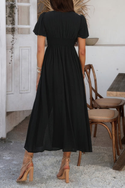 Solid V Neck Puff Sleeves Solid Knot Detail Dress - All Season Fashion