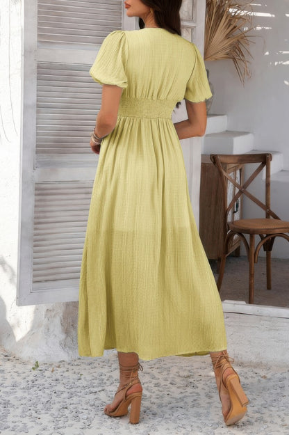 Solid V Neck Puff Sleeves Solid Knot Detail Dress - All Season Fashion