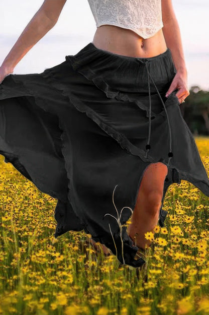 Solid Ruffle Drawstring Waist Asymmetry Hem Skirt - All Season Fashion