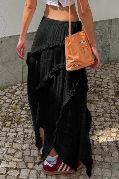 Solid Ruffle Drawstring Waist Asymmetry Hem Skirt - All Season Fashion