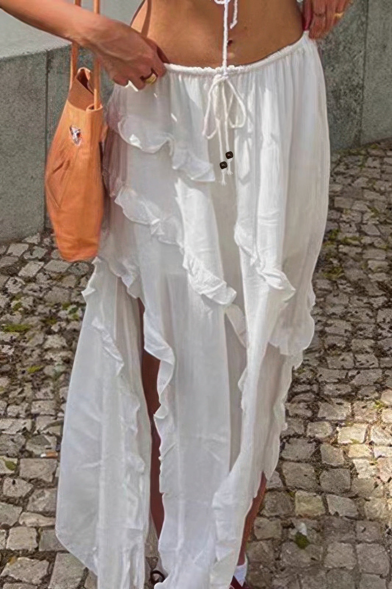 Solid Ruffle Drawstring Waist Asymmetry Hem Skirt - All Season Fashion