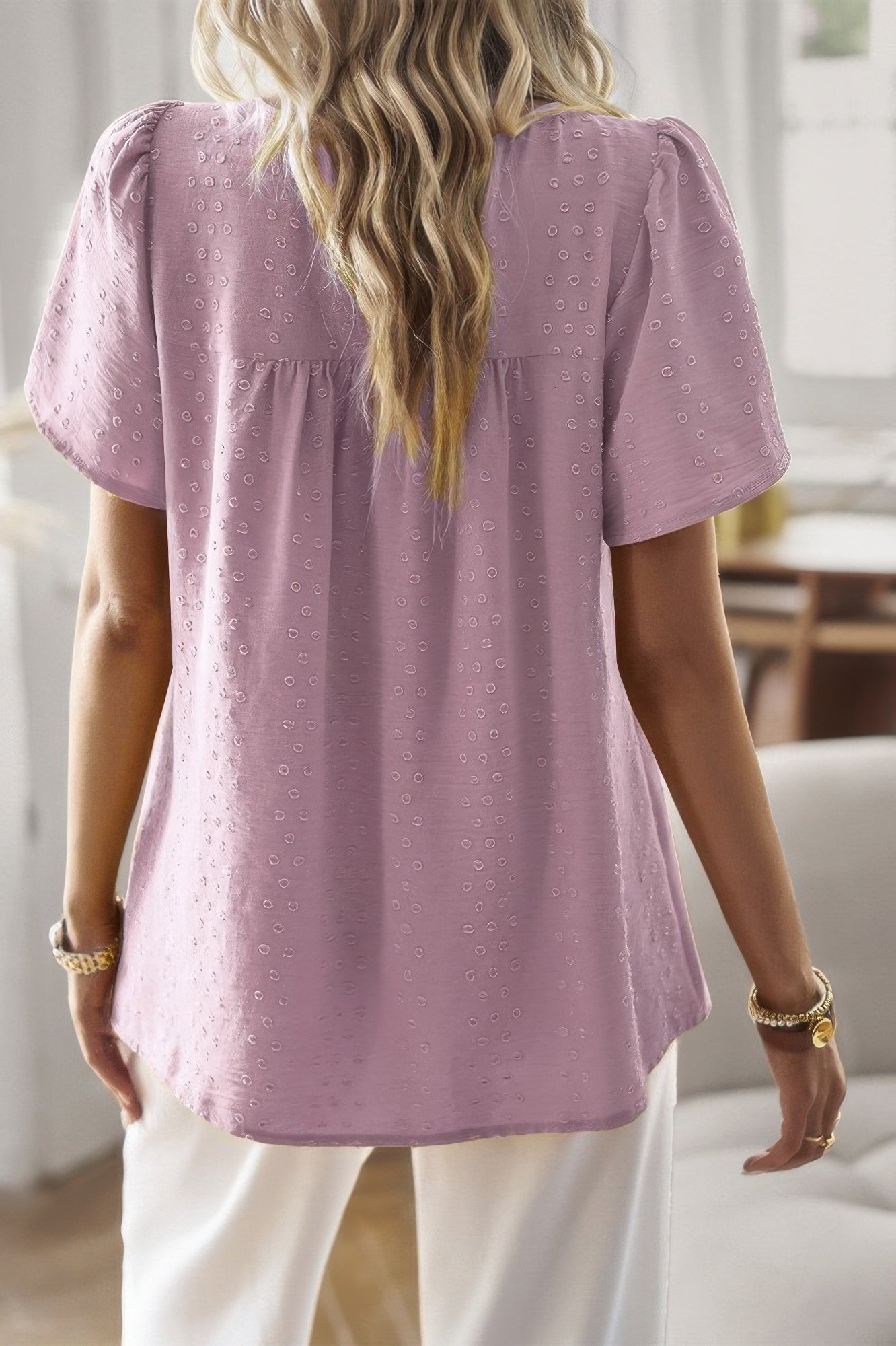 Loose Fit Dot Solid Lace Round Neck Top - All Season Fashion