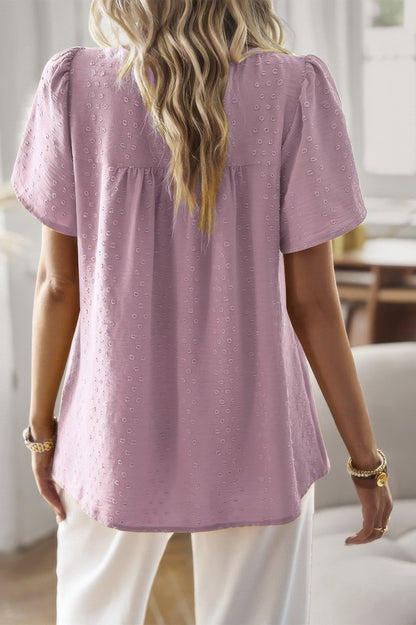 Loose Fit Dot Solid Lace Round Neck Top - All Season Fashion