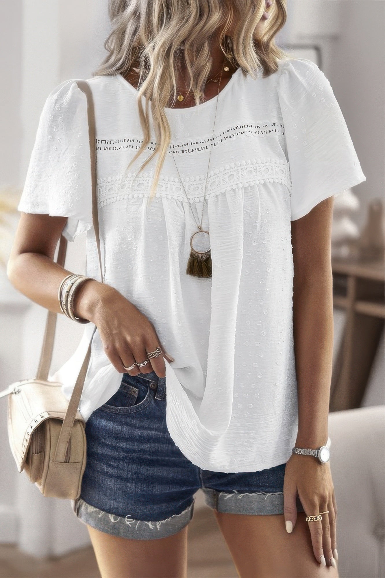 Loose Fit Dot Solid Lace Round Neck Top - All Season Fashion