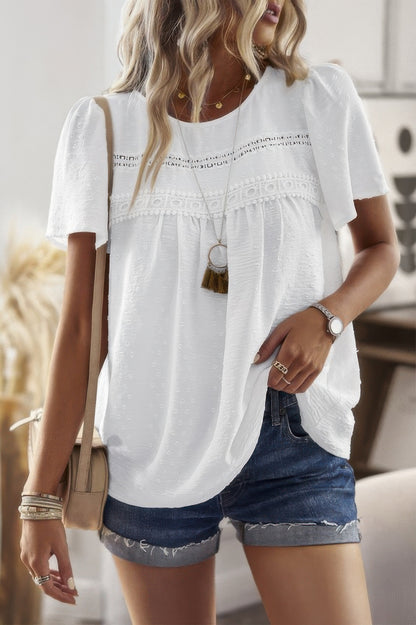 Loose Fit Dot Solid Lace Round Neck Top - All Season Fashion