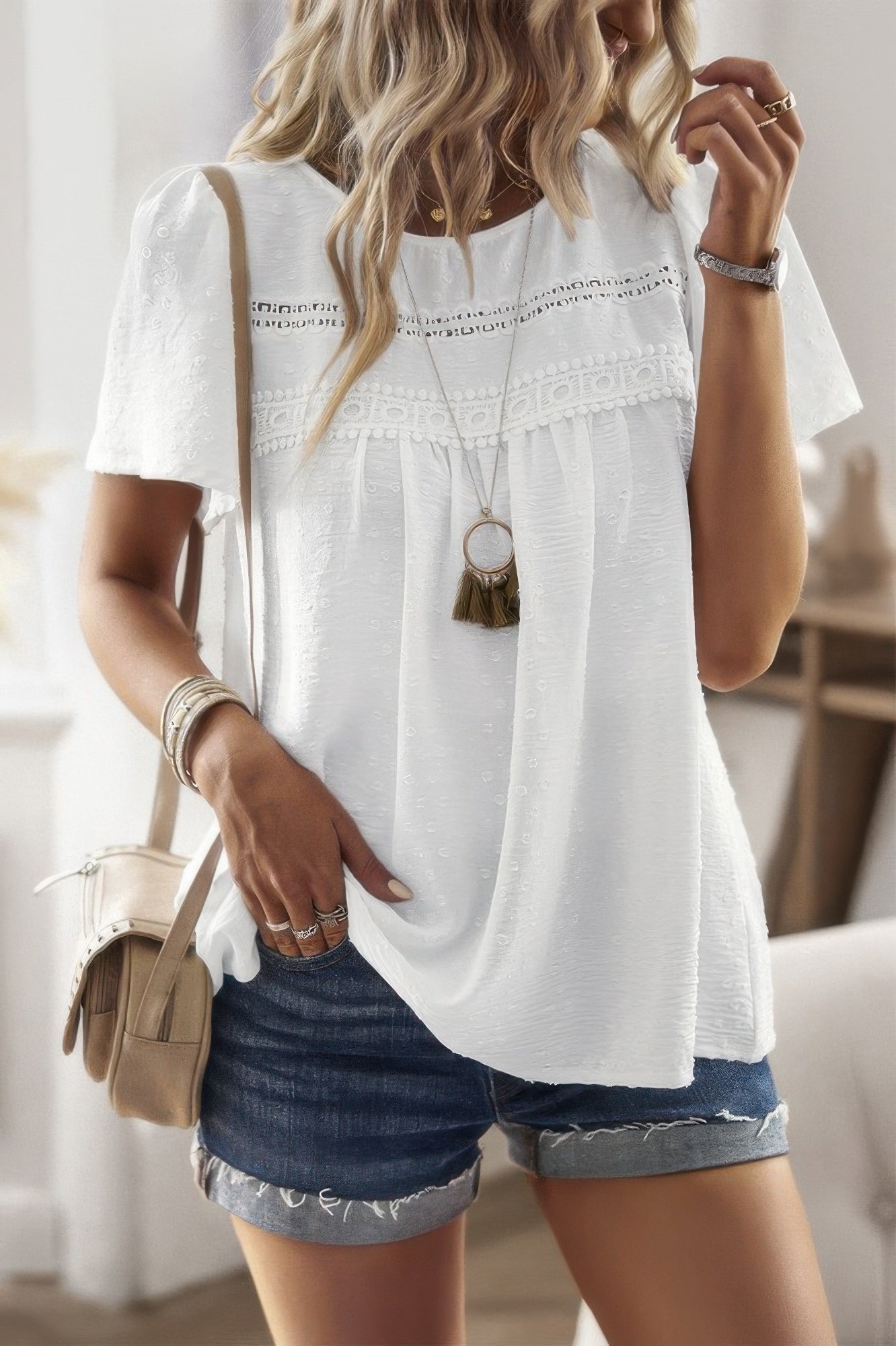 Loose Fit Dot Solid Lace Round Neck Top - All Season Fashion