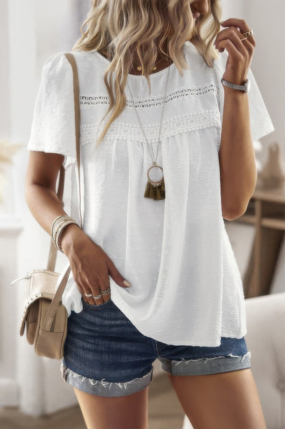 Loose Fit Dot Solid Lace Round Neck Top - All Season Fashion