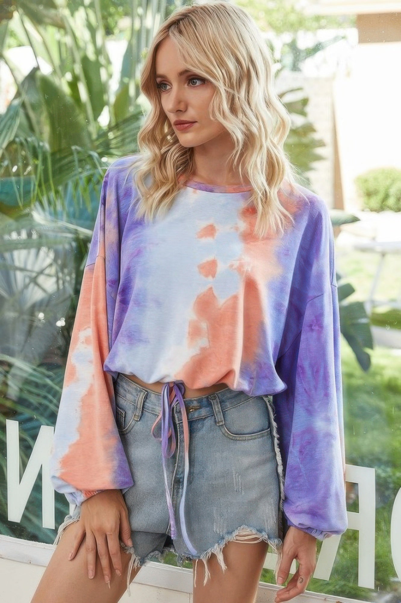 Round Neck Tie Dye Long Balloon Sleeve Top - All Season Fashion