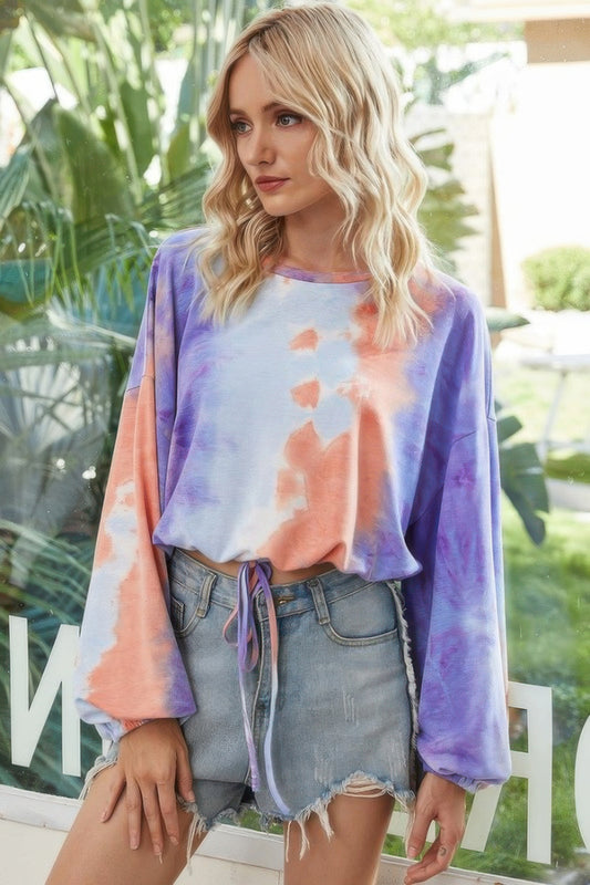 Round Neck Tie Dye Long Balloon Sleeve Top - All Season Fashion