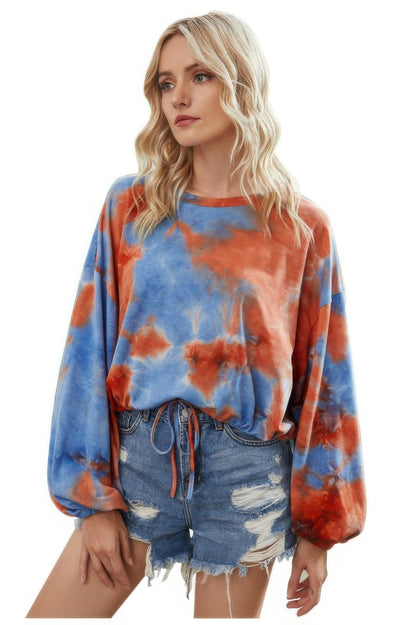 Round Neck Tie Dye Long Balloon Sleeve Top - All Season Fashion