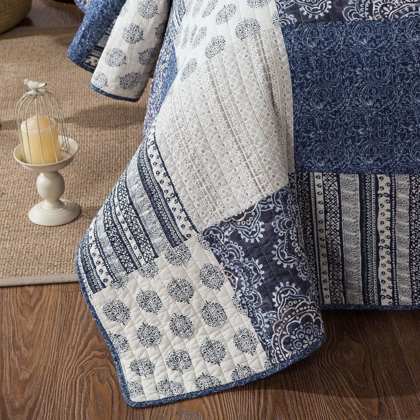 DaDa Bedding Bohemian Denim Blue Elegance Patchwork Cotton Bedspread Set (JHW-660)